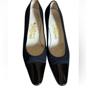 Salvatore Ferragamo black kitten heels with patent toe / cap Size 6.5